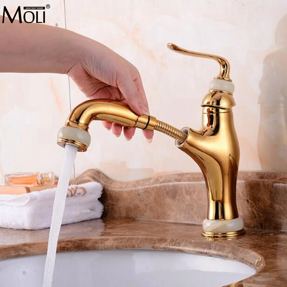 Pull Out Sink Faucet Gold Finished Bathroom Basin Water Mixer Tap Hot and Cold Deck Mounted Single Hanlde
Pull Out Sink Faucet Gold Finished Bathroom Basin Water Mixer Tap Hot and Cold Deck Mounted Single Hanlde