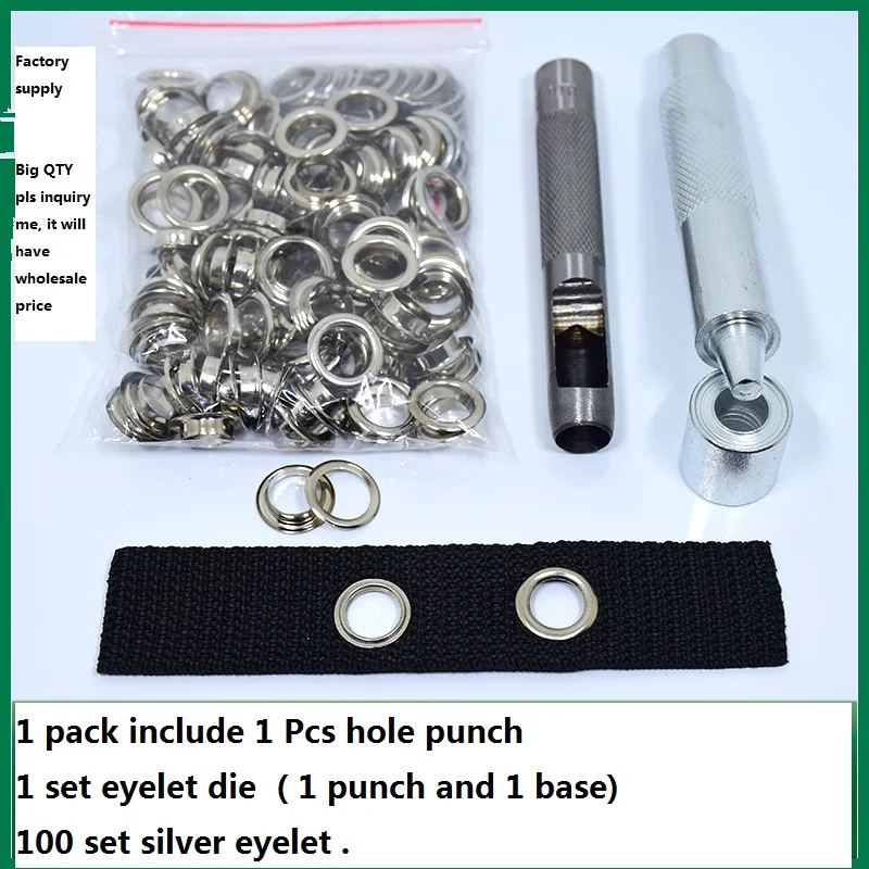 Factory Supply 100sets Silver Steel Eyelet with 1pcs hole punch and 1 set eyelet punch tool High Quality Stainless Steel Grommet
Factory Supply 100sets Silver Steel Eyelet with 1pcs hole punch and 1 set eyelet punch tool High Quality Stainless Steel Grommet