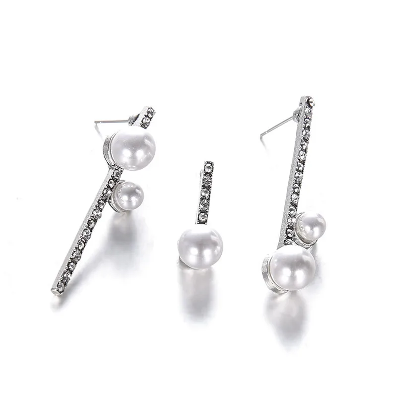 2018 Trendry Earrings for Women 3PCS Geometric Round Pearl Unsymmetrical Ear Nail Ornament Jewellery for gift Brincos J11#N (2)