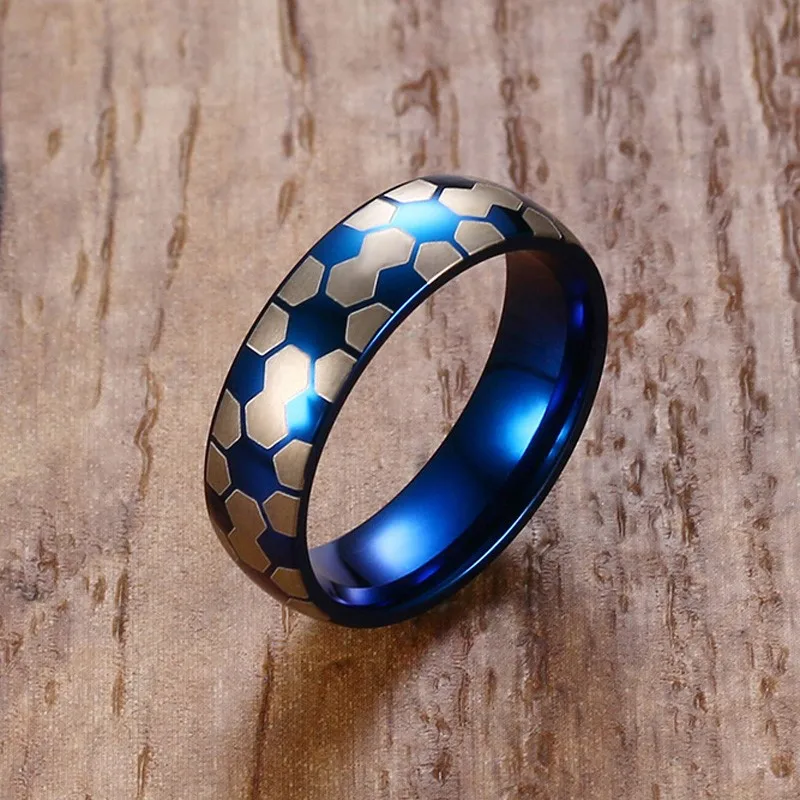 Image 6MM Blue Domed Soccer Football Wedding Band Ring for Men Stainless Steel Jewelry US Size 5 15