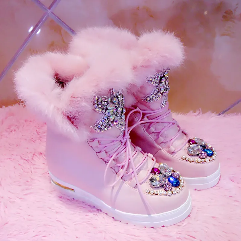 Handmade Snow Boots Colorful Rhinestones Decorations Rabbit Fur Leather Winter Boots Round Toe Platform Height Incresaing Boots
Handmade Snow Boots Colorful Rhinestones Decorations Rabbit Fur Leather Winter Boots Round Toe Platform Height Incresaing Boots