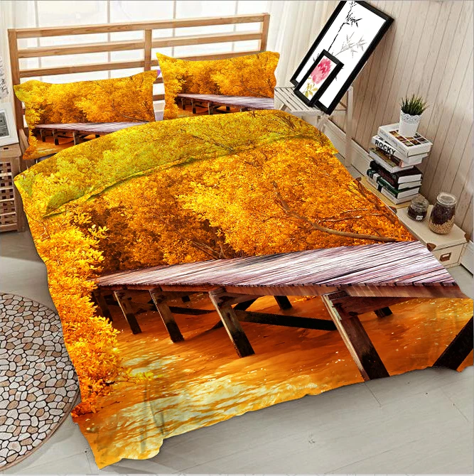 Yellow leaves with wooden bridge 3d effect photo bed linen can be customized photo pattern
Yellow leaves with wooden bridge 3d effect photo bed linen can be customized photo pattern