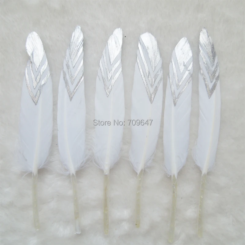 

50pcs/lot!Silver Chevron Feather,Silver Dipped Feather,White natural goose feathers with hand painted chevron design on tips