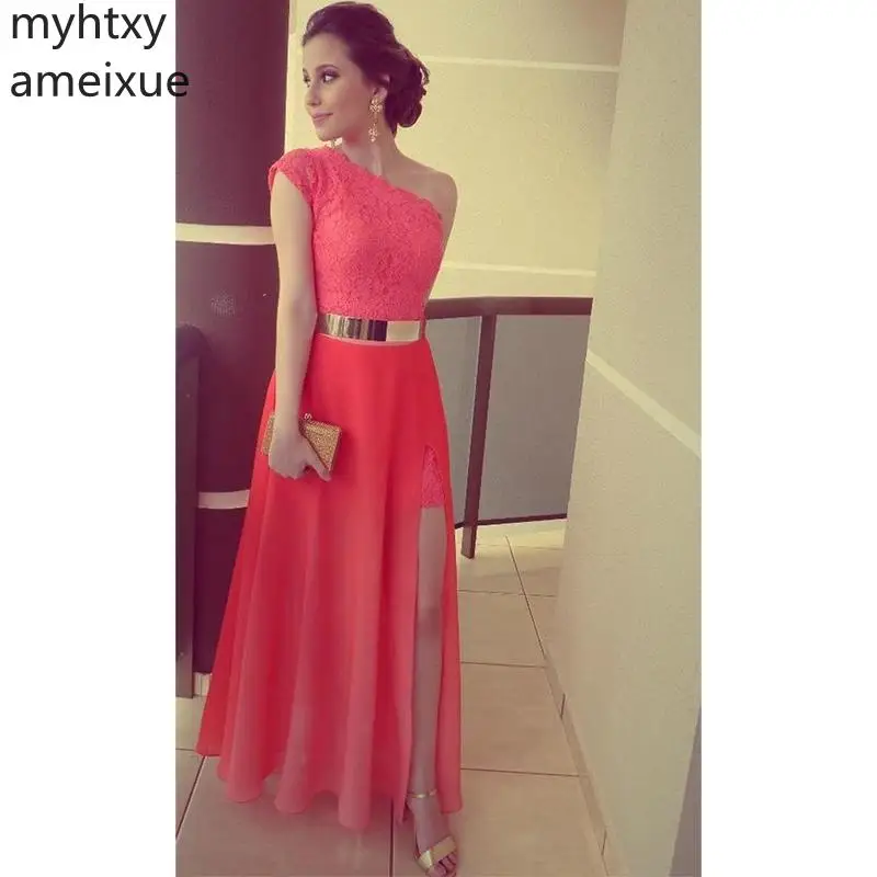 2019 Coral Color Vestidos Formales Best Seller Lace One Shoulder Side Slit Gold Belt Formal Long Evening Dresses Robe De Soiree
2019 Coral Color Vestidos Formales Best Seller Lace One Shoulder Side Slit Gold Belt Formal Long Evening Dresses Robe De Soiree