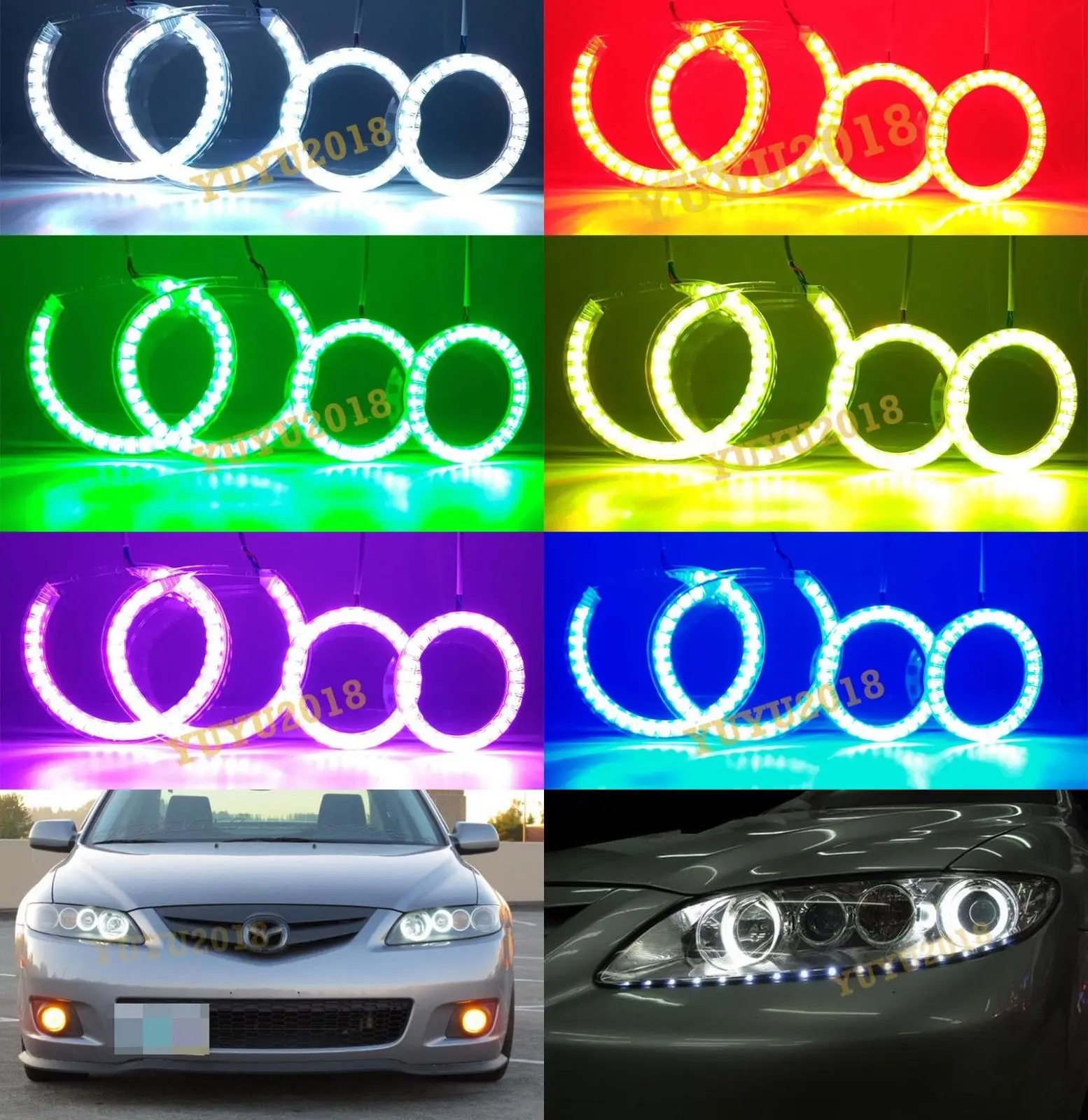 RGB 4 Halo Ring LED angel eye fit for Mazda 6 2002-2008 car Headlight Multi-Color Devil Demon Corona Flash lamp DRL color change
RGB 4 Halo Ring LED angel eye fit for Mazda 6 2002-2008 car Headlight Multi-Color Devil Demon Corona Flash lamp DRL color change