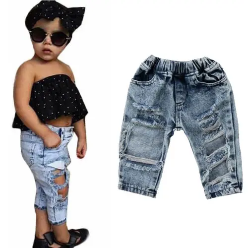 

0-5Years Kids Girl Blue Jeans Cool Ripped Slit Hole Denim Washed Jeans Children Summer Casual Loose Destroyed Pants