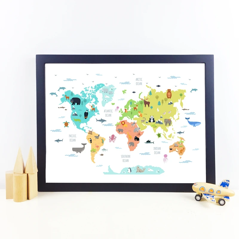 World map with wild animals prints kids room decor