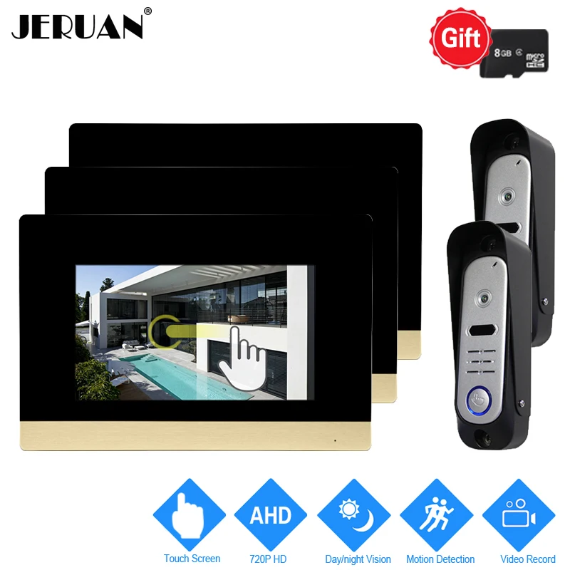 

JERUAN 7`` Touch Screen Video Doorbell Intercom System 720P AHD HD Motion Detection 3 Record Monitor +2 HD Waterproof Camera+8G