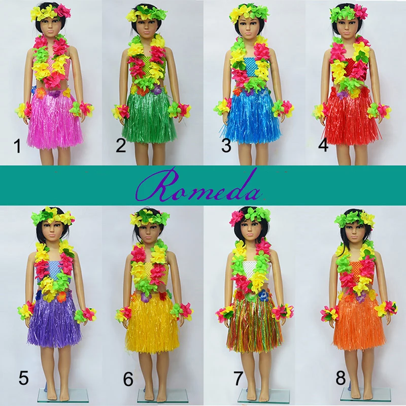 

kids hawaiian hula grass skirt lei set headwear necklace bracelet garland leis party decoration