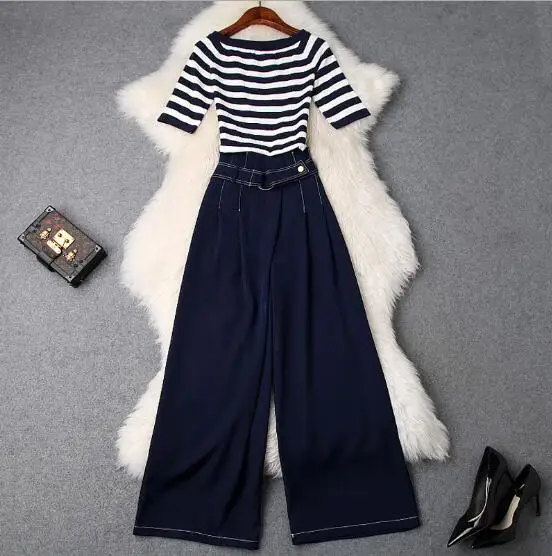 2019 spring and summer women's new off-the-shoulder collar striped sweater + high waist wide leg pants Tfashion suitT3432
2019 spring and summer women's new off-the-shoulder collar striped sweater + high waist wide leg pants Tfashion suitT3432