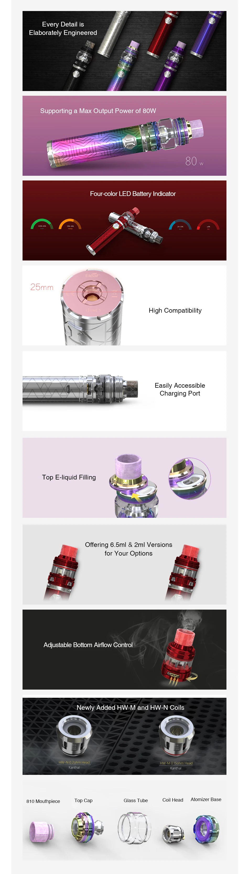 Eleaf iJust 3 Starter Kit w/ 3000mAh Eleaf iJust 3 Battery & 2ml/6.5ml Ello Duro Tank & HW-M / HW-N Coil Max 80W Vape vs Ijust s