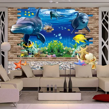 HD Underwater World Dolphins Broken Wall Photo Wallpaper Living Room TV Sofa Backdrop Murals Home Decor Papel De Parede Infantil