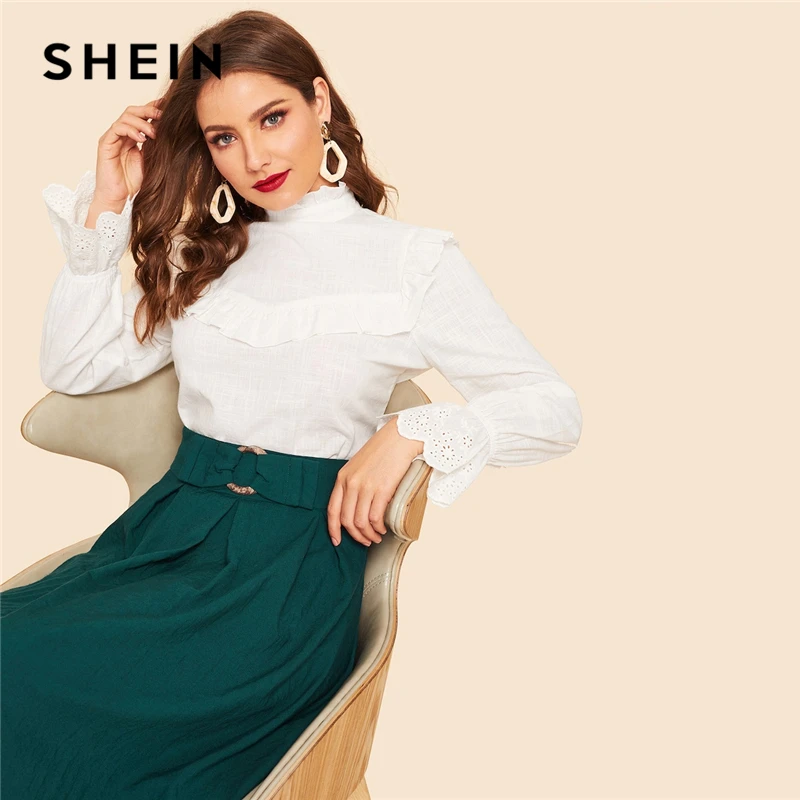 

SHEIN Vintage White Frilled Neck Ruffle Trim Laser Cut Cuff Top Blouse Women Spring Stand Collar Flounce Sleeve Top Blouses