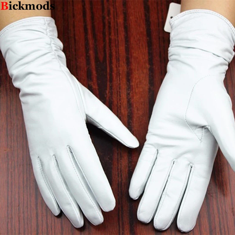 Image Leather gloves sheepskin gloves white female models elastic thin cashmere lining weatherization armband sets free shipping 2016