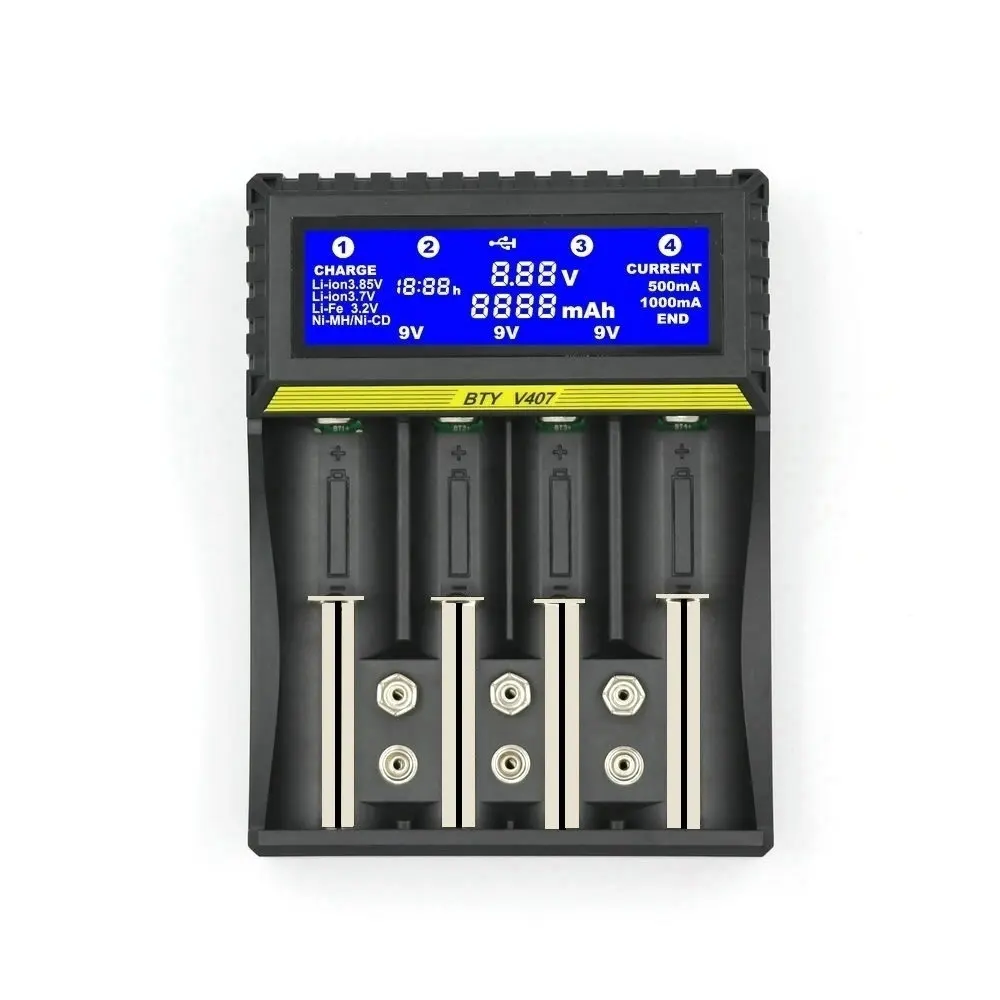 

BTY-V407 18650 battery charger Li-ion 3.7V Li-fe 3.2V Ni-MH Ni-CD Smart fast 6F22 9V AA AAA 16340 14500 Battery Charger