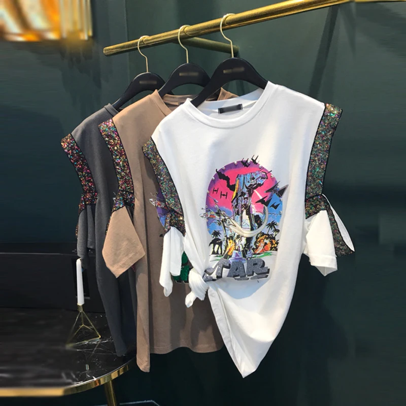 Korea New Fashion Summer Strapless Sequined Short Sleeve T-shirts Hollow Out All-match Female Tees Printing Students Tops
Korea New Fashion Summer Strapless Sequined Short Sleeve T-shirts Hollow Out All-match Female Tees Printing Students Tops