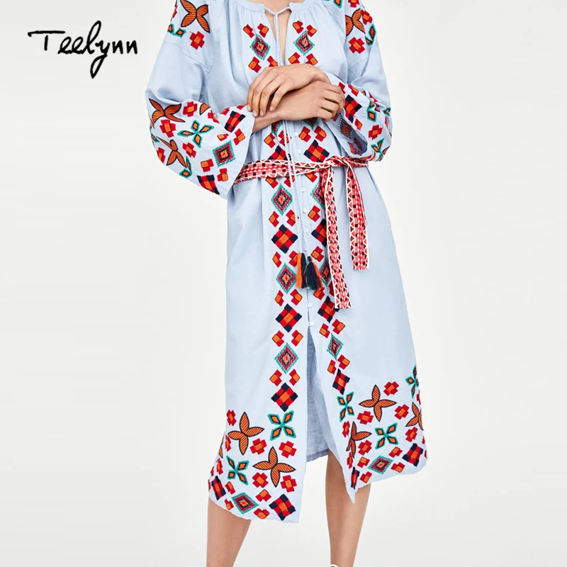 TEELYNN cotton Boho dress 2018 floral embroidery flare sleeve dresses o-neck loose long Hippie blue long women dresses vestido
TEELYNN cotton Boho dress 2018 floral embroidery flare sleeve dresses o-neck loose long Hippie blue long women dresses vestido