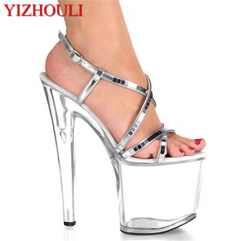 

8 inch silvery sequined see-through soles, sexy and stylish party shoes, 20cm high-heeled sandals