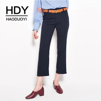 

HDY Haoduoyi Brand Two Colors Women Casual Dark Blue/Khaki Wide Leg Pants OL Lady Pockets Zipper Buttons Trousers Female Buttoms