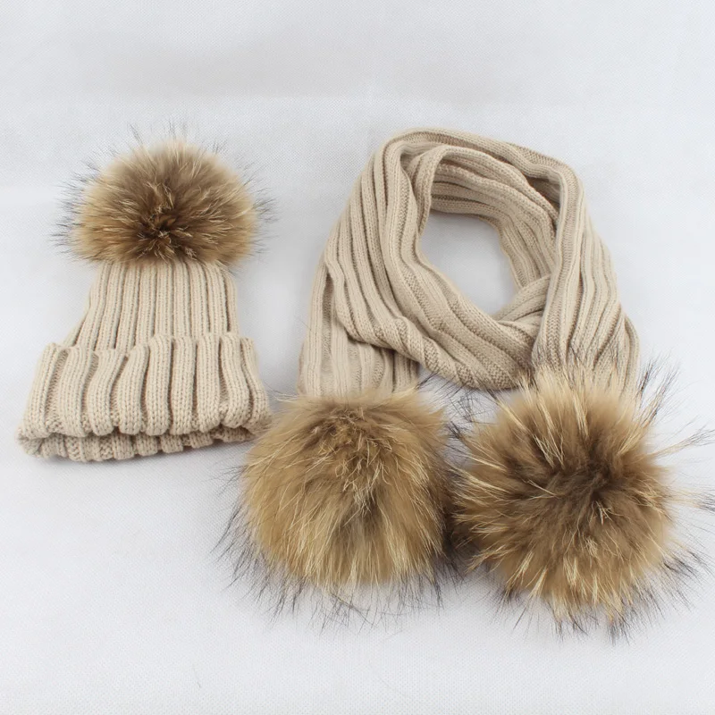 FURANDOWN kids Winter Scarf Hat Sets Children Warm Thick Stretchy Knit Beanie Pom Pom Hat Fur Caps 20