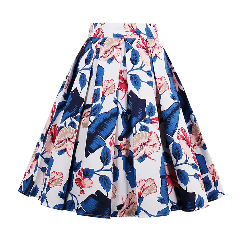 Kostlish Retro Print Flower Summer Skirts Womens 2017 High Waist Vintage Skirt Elegant A-Line Midi Women Skirt Plus Size XXL 22 (80)