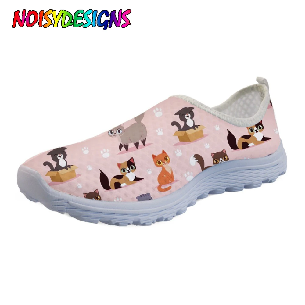 NOISYDESIGNS Casual Women Flats Shoes 3D Cartoon Cat Dog Animal Pattern Summer Breathable Mesh Light Weight Shoes For Teen Girls