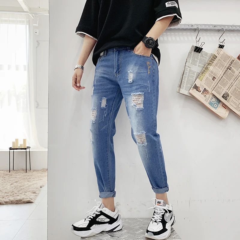 2019 summer thin section jeans nine points slim feet pants male Korean version trend students hole streetwear hip hop Blue
2019 summer thin section jeans nine points slim feet pants male Korean version trend students hole streetwear hip hop Blue