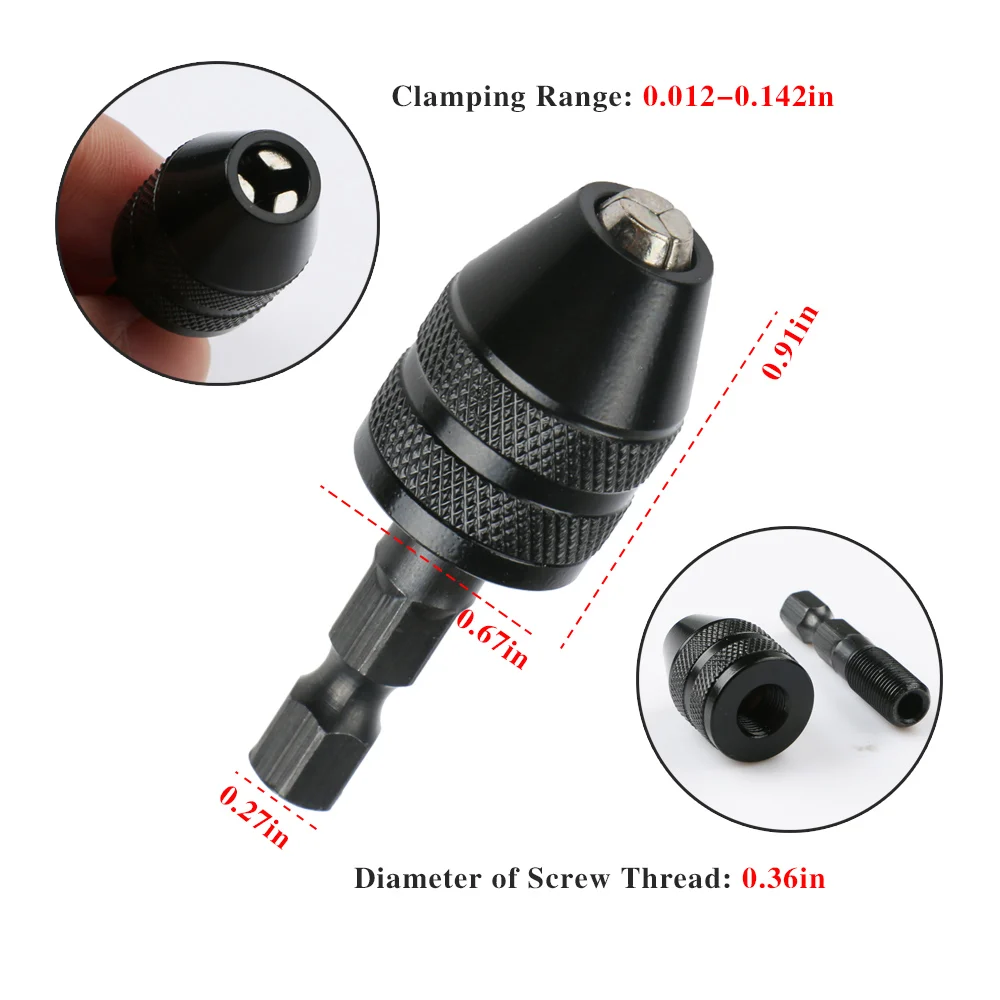 Newest 0.3/3.6mm 6.35mm Diameter Multifunction Keyless Quick Change Hex Shank Twist Drill Bit Chuck For Electric Grinders 
Newest 0.3/3.6mm 6.35mm Diameter Multifunction Keyless Quick Change Hex Shank Twist Drill Bit Chuck For Electric Grinders