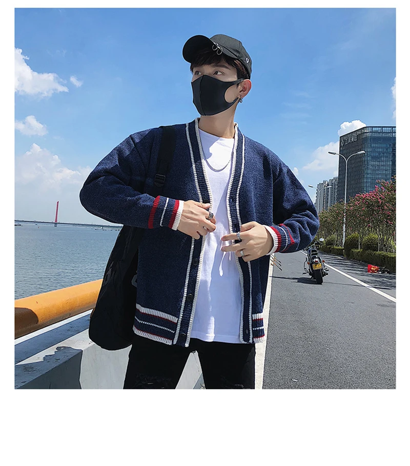 Check Button Cardigan Male Oversize Loose Streetwear (17)