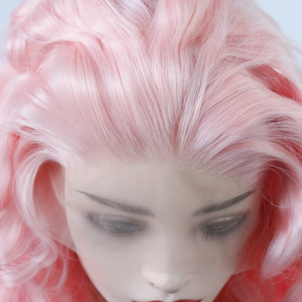 Long Loose Wave Wig Baby Pink Synthetic Lace Front Wigs Heat Resistant Fiber Soft Hair for Women -7