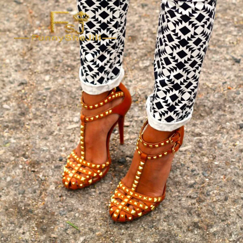 Tan Rivets T Strap Sandals Stiletto High Heel Shoes Summer Anniversary Incomparable Generous Elegant Attractive Fashion FSJ
Tan Rivets T Strap Sandals Stiletto High Heel Shoes Summer Anniversary Incomparable Generous Elegant Attractive Fashion FSJ