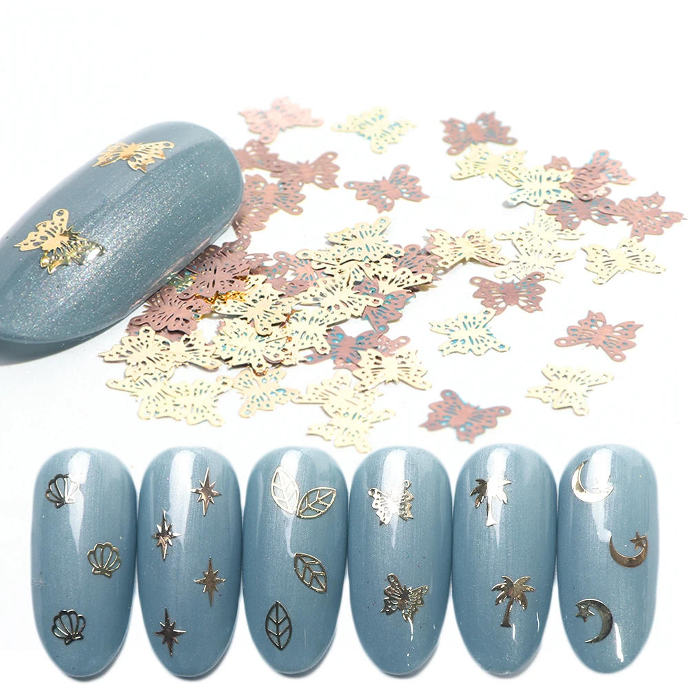 3D Gold Metallic Hollow Slice Sequins Nail Art Decoration Mixed Shape Shell Moon Star Leaf Butterfly Flakes DIY Manicure LA763-1 (1)