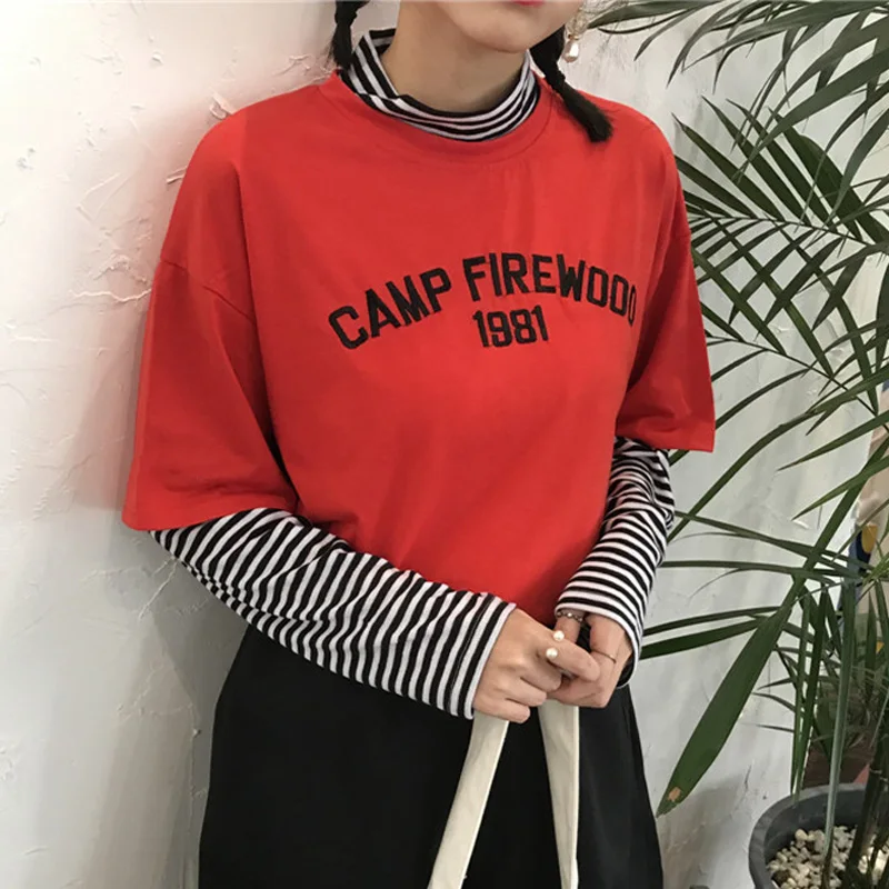 T-shirts Striped Patchwork O-Neck Women Loose letter print Long Sleeve tshirt Korean Style All-match Tees korean Casual T shirt
T-shirts Striped Patchwork O-Neck Women Loose letter print Long Sleeve tshirt Korean Style All-match Tees korean Casual T shirt
