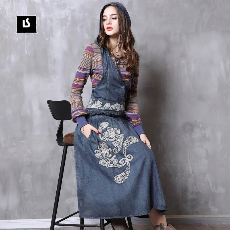 Autumn Winter Dress 2018 Women Sleeveless V-neck embroidery Hooded Suspender Long Vintage Denim Dresses
Autumn Winter Dress 2018 Women Sleeveless V-neck embroidery Hooded Suspender Long Vintage Denim Dresses