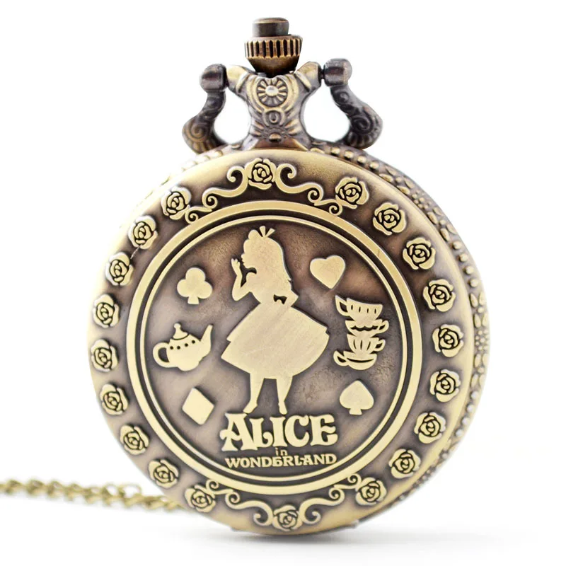 

New Arrival Retro Alice in Wonderland Theme Bronze Quartz Pocket Watches Vintage Fob Watches Clock Christmas Birthday Gift
