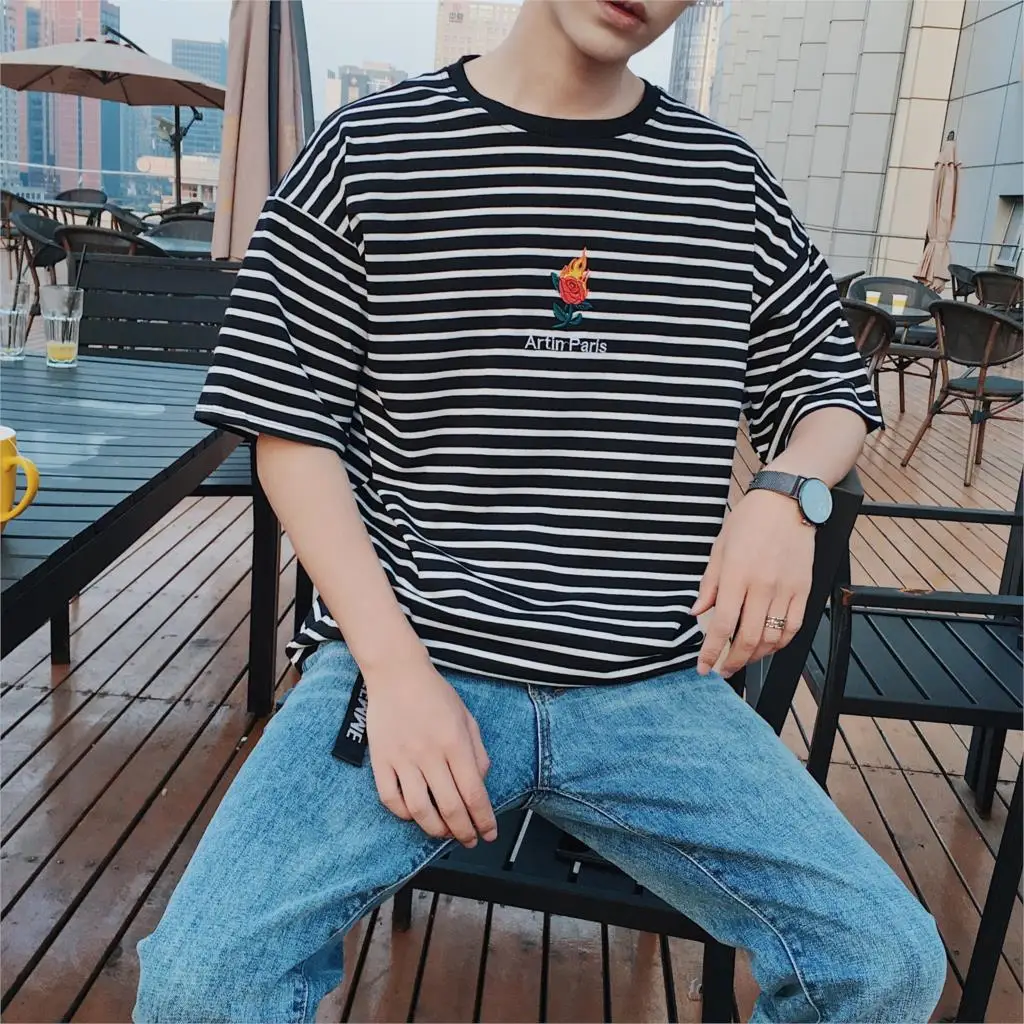 

Dark Icon Rose Embroidery Striped Mens T-shirt Short Sleeve 2019 Summer Hi-street Oversized Hip Hop Tshirt Cotton shirt SA-8