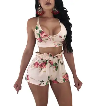 

Floral V Neck Cropped Top and Elastic Waisted Trim Shorts Women Clothes Casual Two Piece Set Summer Twinset