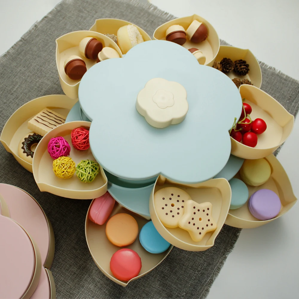 

Plastic Lazy Fruit Dish Double Layers Snack Box Candy Plates Petal-shape Rotating Trays Box Dried Fruit Storage Organizer Box