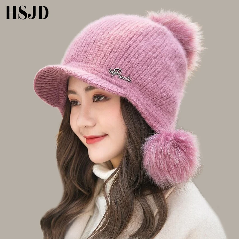 three pom pom hat Women Winter Warm Rabbit hair Knitted Hat Snow Ski Caps with Visor 2018 New Cute Winter Beanie Caps for Girl
three pom pom hat Women Winter Warm Rabbit hair Knitted Hat Snow Ski Caps with Visor 2018 New Cute Winter Beanie Caps for Girl