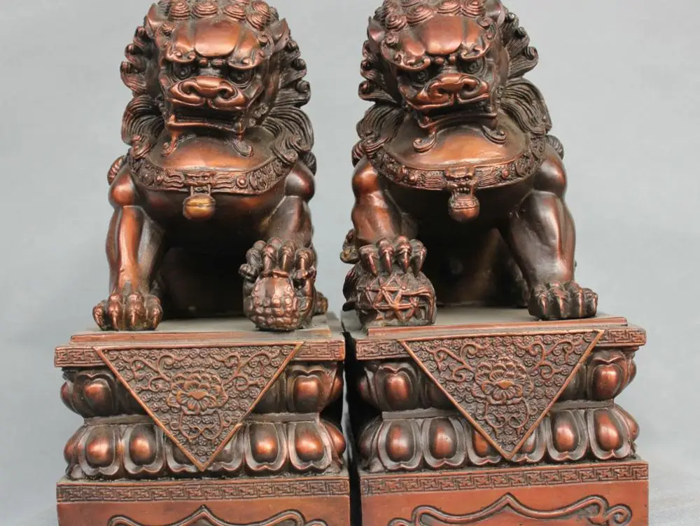 10'' China Fengshui Bronze Pair Foo Dog Lions Guardian Statue