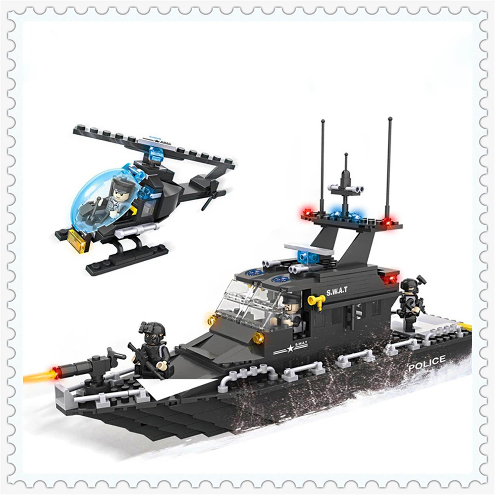 518Pcs SWAT Police Escort Boat Helicopter Building Block Toys Compatible Legoe HSANHE 6511 Figure Brinquedos Gift For Children
518Pcs SWAT Police Escort Boat Helicopter Building Block Toys Compatible Legoe HSANHE 6511 Figure Brinquedos Gift For Children