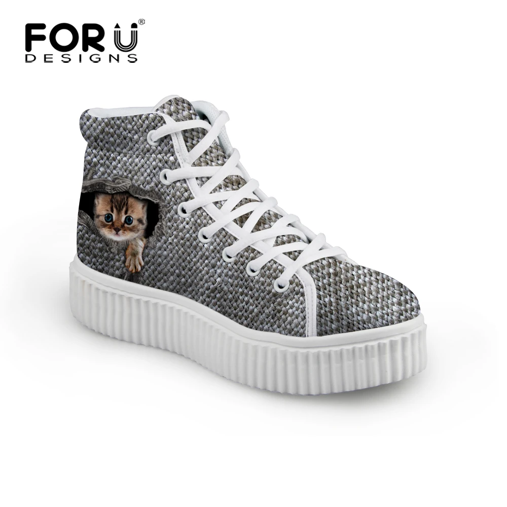 FORUDESIGNS Fashion Women Shoes Kawaii Printing Cat Platform Shoes Comfortable Flat Creepers for Ladies Girls Casual Women Shoes
