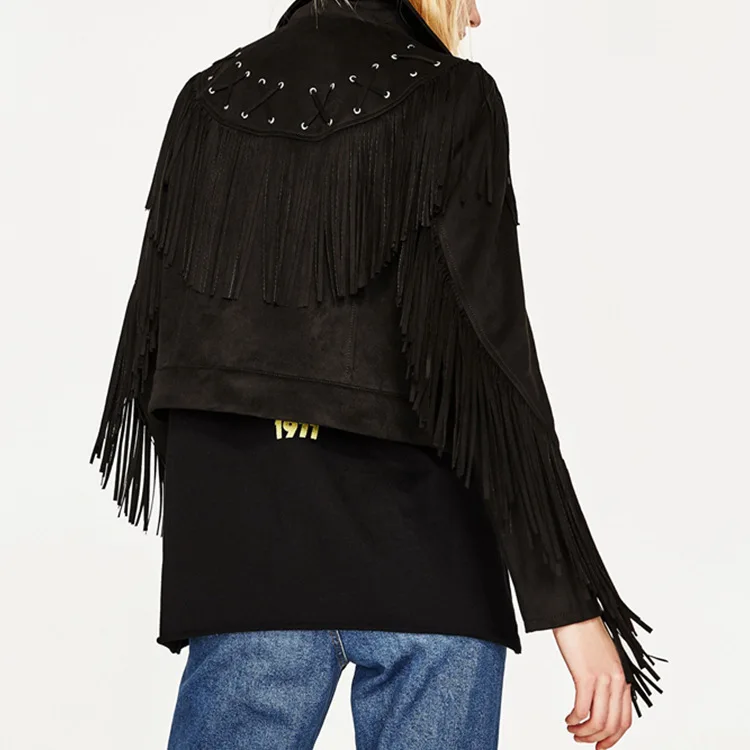2017 New In Stylish Lapel Collar Fringed Sleeves Black Faux Suede Press Stud Jacket With Crossover Zip Fastening
2017 New In Stylish Lapel Collar Fringed Sleeves Black Faux Suede Press Stud Jacket With Crossover Zip Fastening