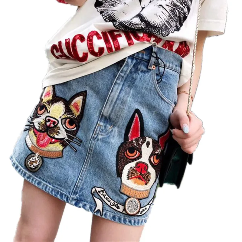 2018 Novelty Dog Head Embroidery Women's Jeans Skirt A-Line High Waist Denim Skirts Female Plus Size Summer Mini Skirt Faldas
2018 Novelty Dog Head Embroidery Women's Jeans Skirt A-Line High Waist Denim Skirts Female Plus Size Summer Mini Skirt Faldas