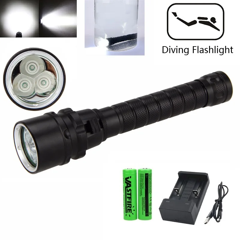 3 LED lamp 1200 lumens Diving flashlight underwater 100m white light flashlight +18650 battery + charger for outdoor diving
3 LED lamp 1200 lumens Diving flashlight underwater 100m white light flashlight +18650 battery + charger for outdoor diving