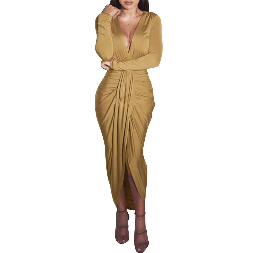 Sexy Women Maxi Dress Solid Deep V Neck Split Ruched Long Sleeve Club Packge Hip Dress Slim Party Long Dress Khaki/Green/Black
Sexy Women Maxi Dress Solid Deep V Neck Split Ruched Long Sleeve Club Packge Hip Dress Slim Party Long Dress Khaki/Green/Black