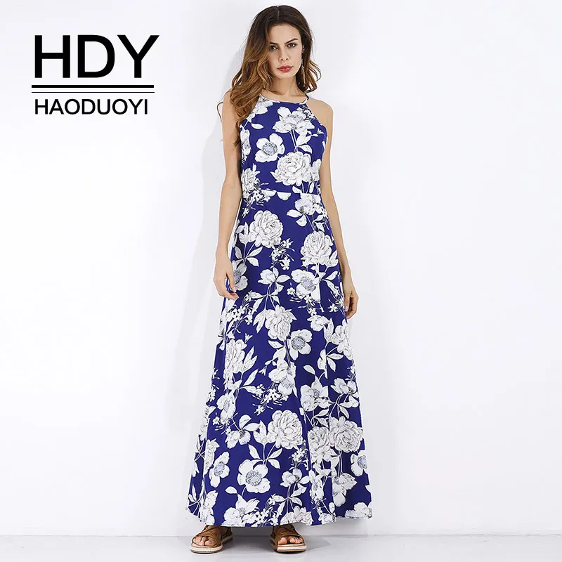 HDY Haoduoyi 2018 Summer boho Dress Long Maxi dresses Women Backless Sleeveless Sexy Blue Floral Vestido Beach Wear Casual | Женская