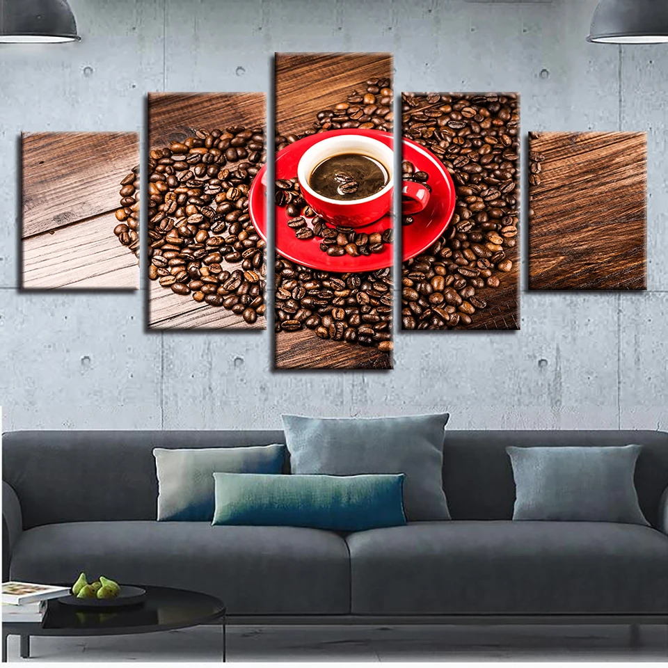 Printed Modular HD Picture Canvas Frame 5 Pieces Heart Shape Coffee Beans Paintings Wall Art Modern Poster Decor For Living Room
