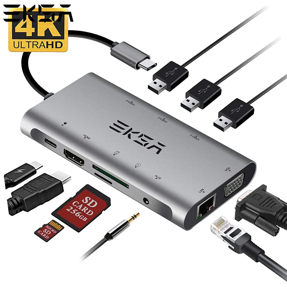 

EKSA USB HUB C 10 in 1 Thunderbolt 3 Type C Adapter Dock 3 USB 3.0 Port 4K HDMI 1080P VGA RJ45 Gigabit Ethernet For Macbook Pro