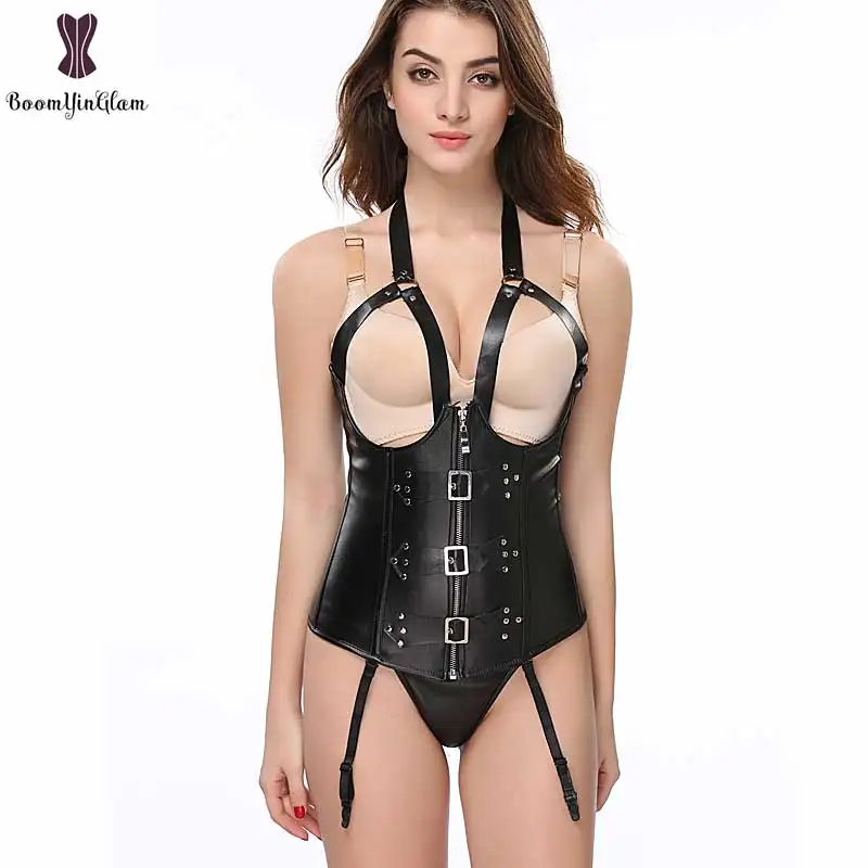 Sexy Faux Leather Corset Halterneck Buckle Zipper Open Bra Steampunk Bustier Elastic Boned Korset Strap Women Lingeries Punk Hot
Sexy Faux Leather Corset Halterneck Buckle Zipper Open Bra Steampunk Bustier Elastic Boned Korset Strap Women Lingeries Punk Hot